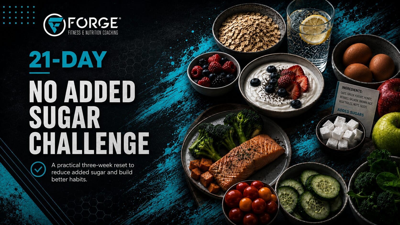 Start a realistic 21-day no added sugar challenge. Get the rules, foods to eat and avoid, a sample day, hidden sugar tips, and help managing cravings.