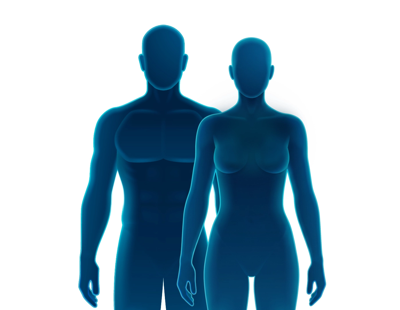 Stylized male and female bodies with a teal glow representing physical changes during GLP-1 use